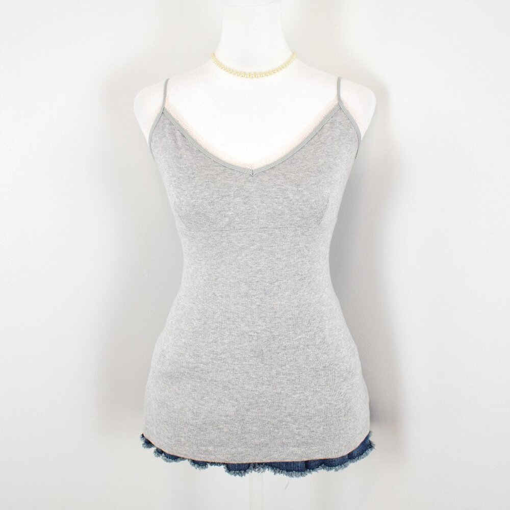 Y2K VTG 00s Express Gray Jersey Knit White Lace Trim Babydoll Cami Top Sz M
